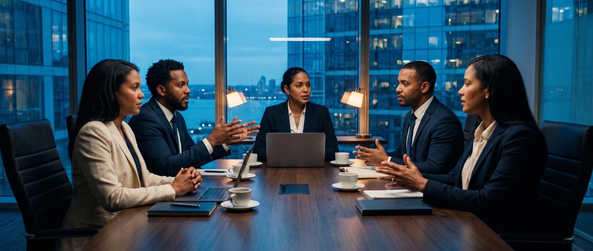 The Ascendia Connect leadership team in discussion around a boardroom table at dusk