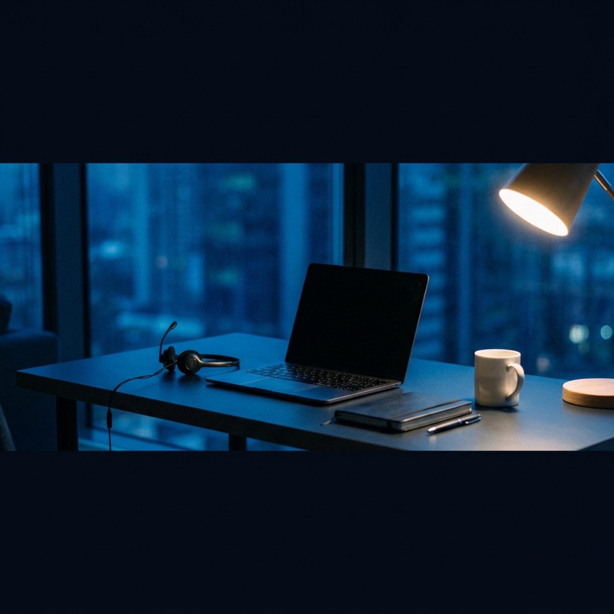 A desk with a laptop and headset ready for a discovery call