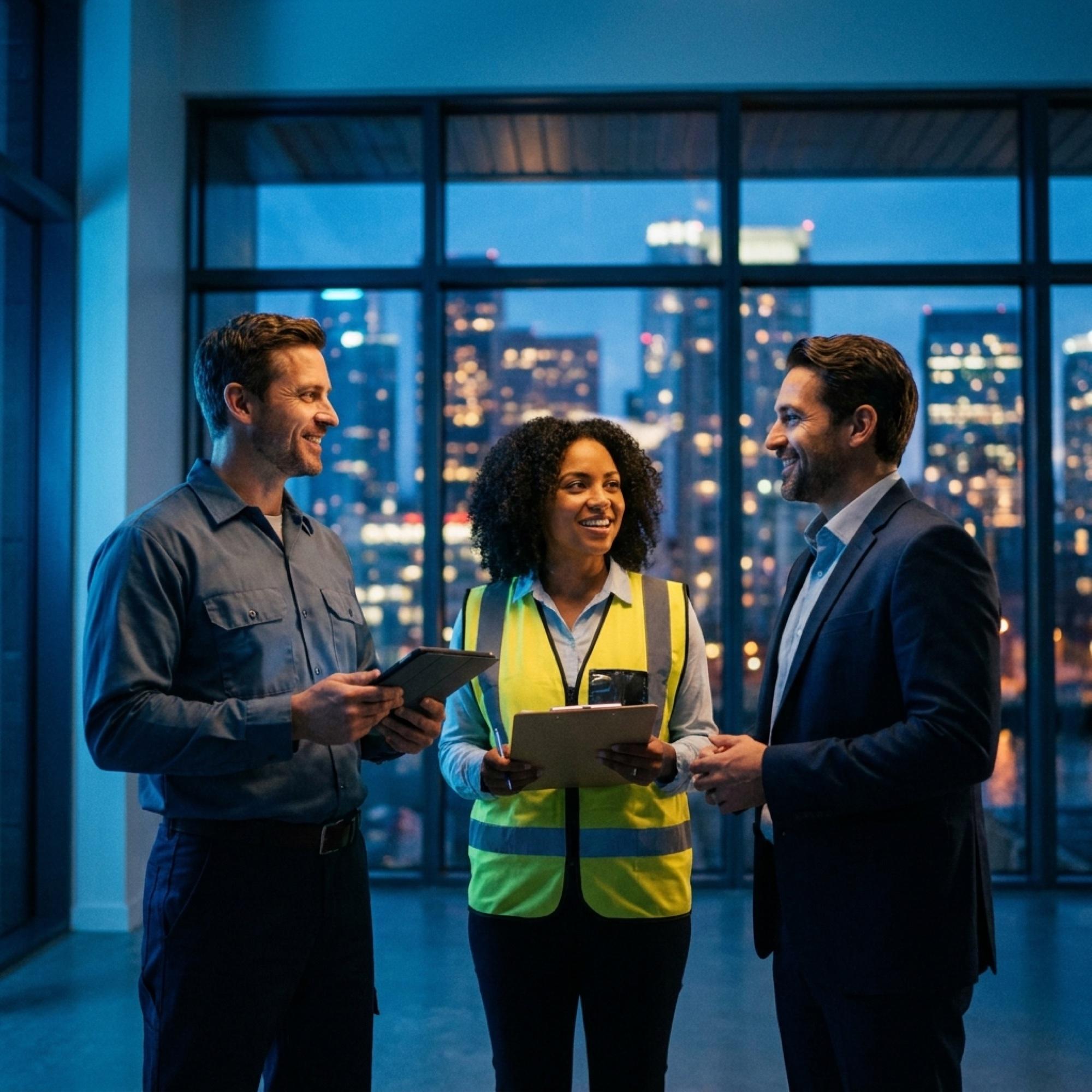 Three small-business owners in conversation in a modern lobby at dusk
