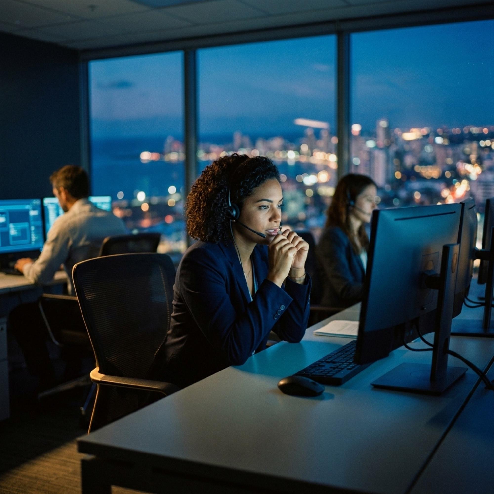 An Ascendia Connect agent taking a customer call in the operations room