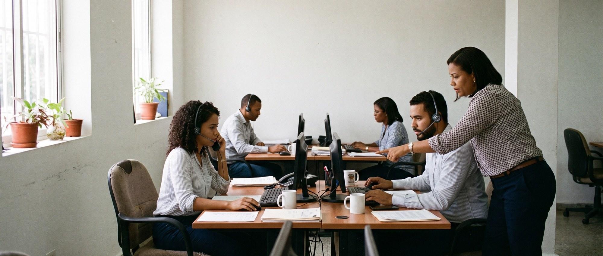 Ascendia Connect agents on headsets working at their desks