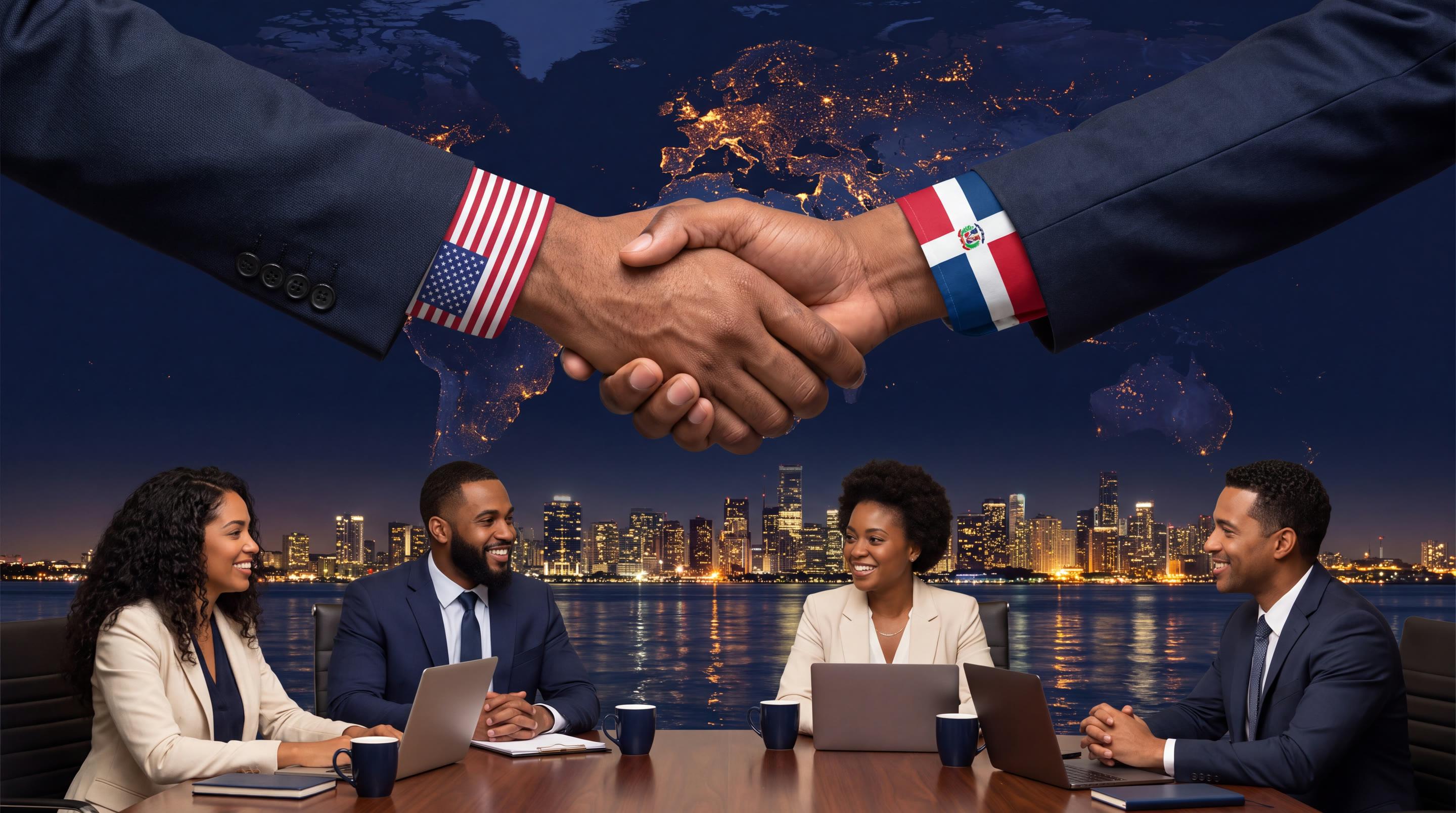 A US and Dominican handshake over a world map, with the Ascendia Connect team at a table below