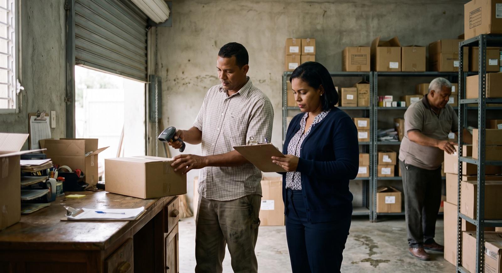 Two colleagues checking stock against a printed list in a small warehouse office