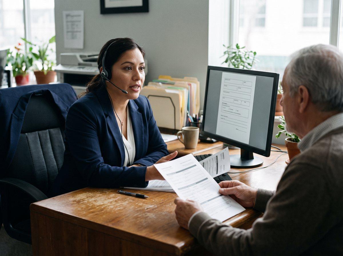 Insurance support specialist wearing a headset assisting a client at a desk