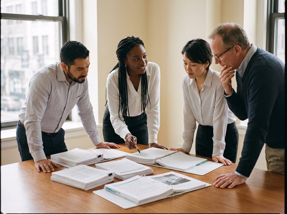 Professional services team reviewing documents together at a conference table
