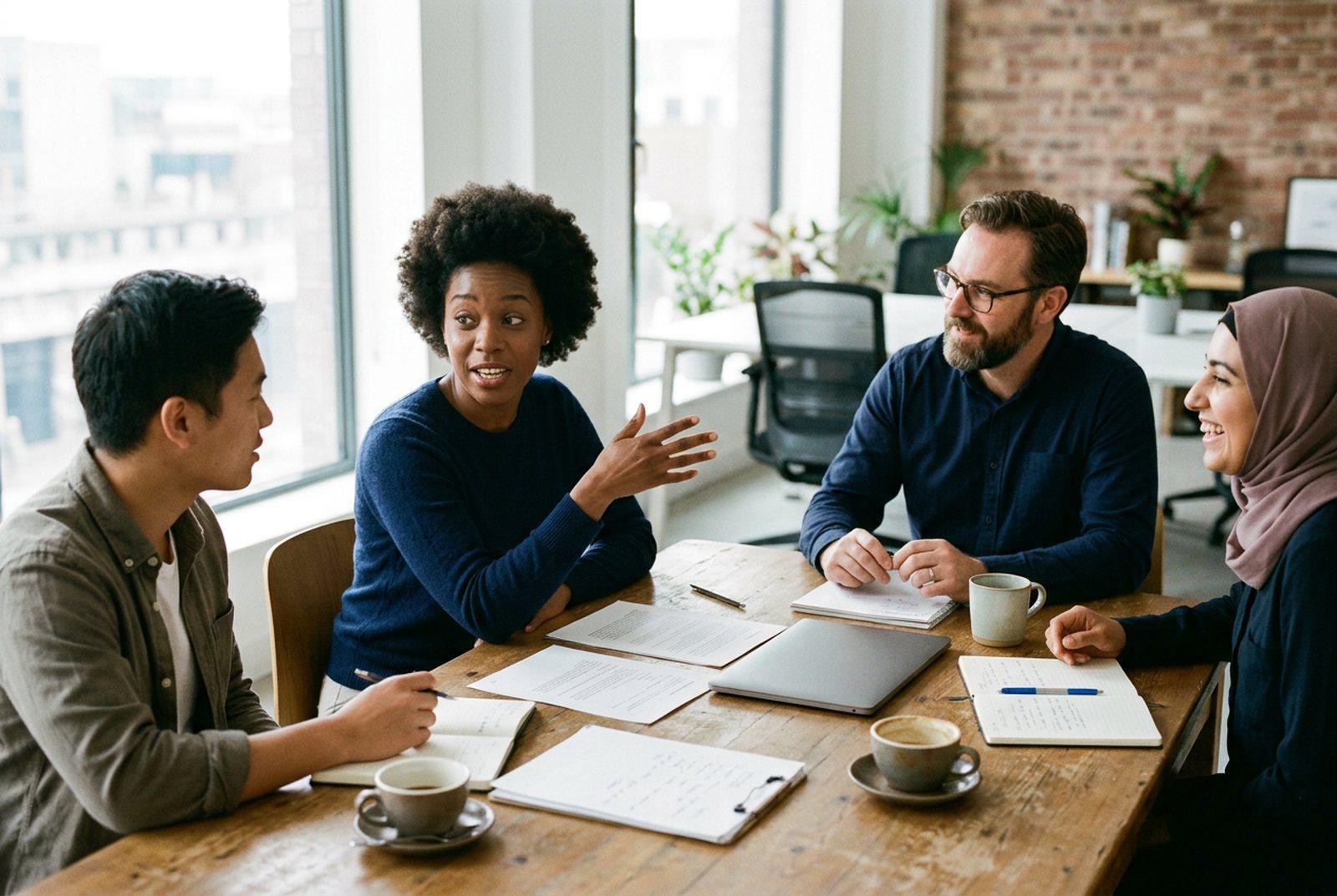 Four colleagues in conversation around a table during an Ascendia Connect operations review