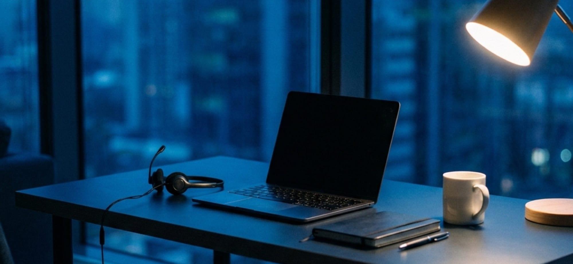 A desk with a laptop and headset ready for a discovery call