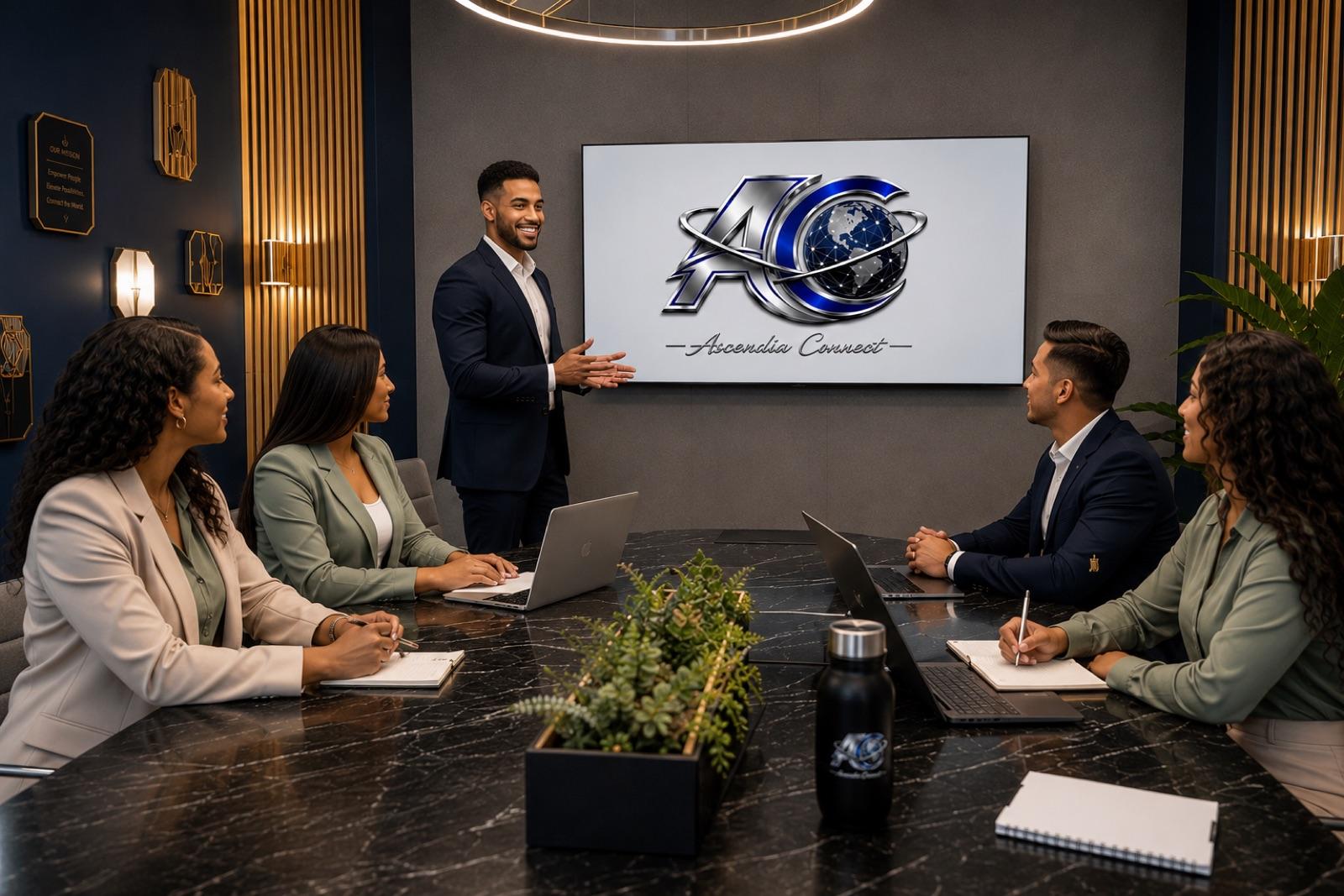 An Ascendia Connect team lead presenting findings to colleagues in the branded boardroom